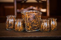 Close-up view of dried healthy Cordyceps sinensis in glass containers — Stock Photo