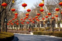 Lanternes chinoises rouges traditionnelles suspendues au-dessus de la route — Photo de stock