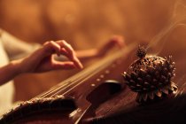 Обрізаний знімок жінки, що грає традиційний китайський інструмент Гуджен, селективний фокус — стокове фото