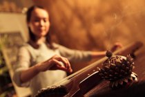 Низкий угол зрения молодой азиатской женщины, играющей на традиционном китайском гужэн-инструменте — стоковое фото