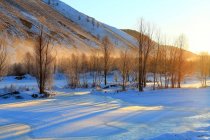 Bellissimo tramonto nel paesaggio invernale con alberi spogli e colline innevate — Foto stock