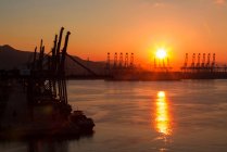 Високий кут огляду промислового обладнання та кораблів у порту на заході сонця (Шеньчжень, Китай). — стокове фото