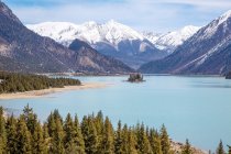 Amazing landscape with scenic Ranwu lake, green trees and snow-covered mountains in Tibet — Stock Photo
