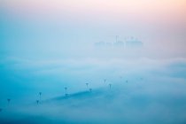 Luftaufnahme einer nebelbedeckten Brücke bei Sonnenaufgang, rizhao, shandong, china — Stockfoto