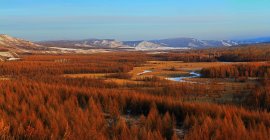 Atemberaubende Berglandschaft mit Flüssen und Orangenbäumen tagsüber — Stockfoto