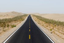 Estrada de asfalto no deserto com montanhas rochosas cênicas no dia ensolarado — Fotografia de Stock
