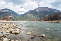 Скалы в красивой быстрой реке в живописных горах — стоковое фото