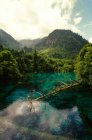 Incrível paisagem com calmo lago azul e vegetação verde nas montanhas, província de Jiuzhaigou, província de Sichuan, China — Fotografia de Stock