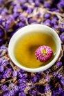 Close-up view of healthy organic herbal tea in cup and flowers — Stock Photo