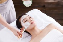 Schnappschuss einer Kosmetikerin, die junge Frau im Spa mit Gesichtsmaske behandelt — Stockfoto