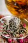 Close-up view of healthy organic herbal tea on table — Stock Photo
