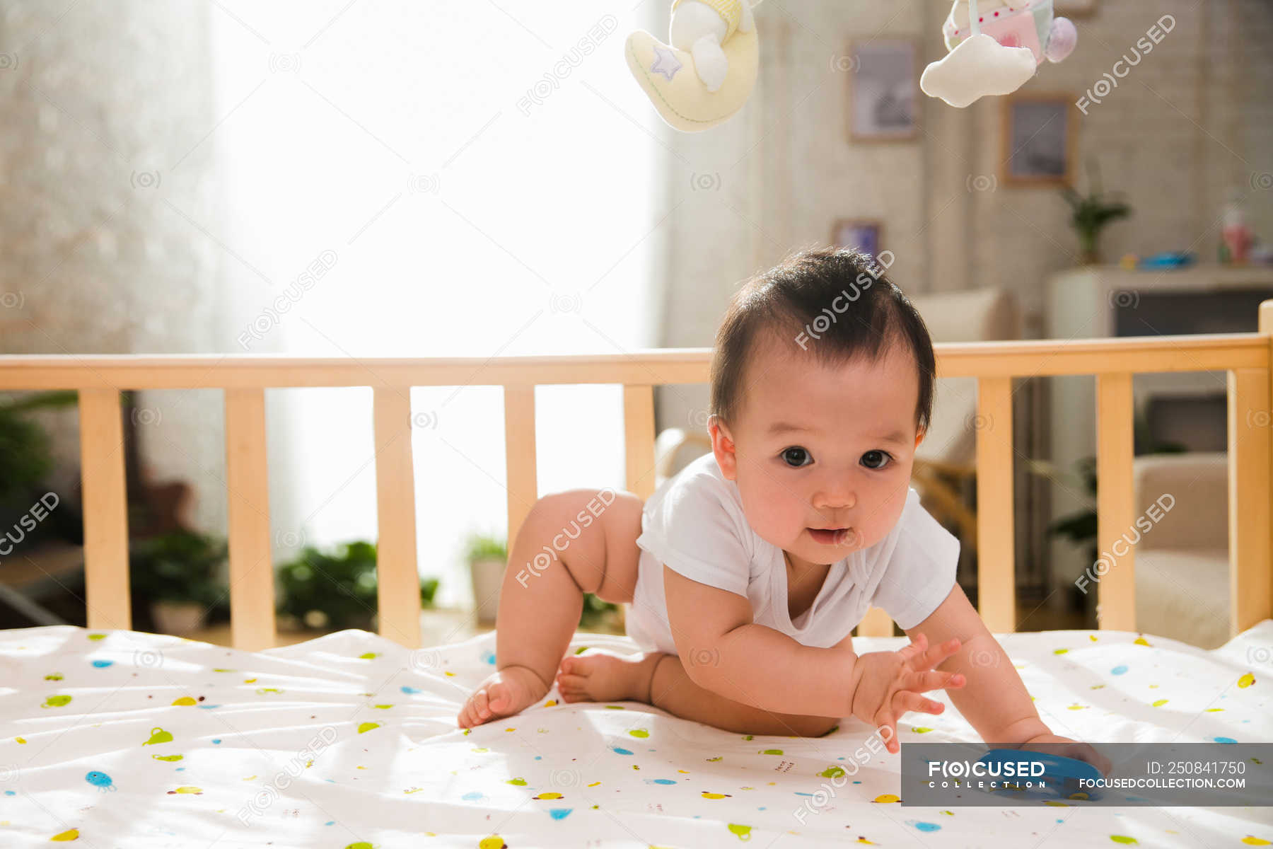 Adorable Asian Baby Holding Blue Toy And Looking At Camera While