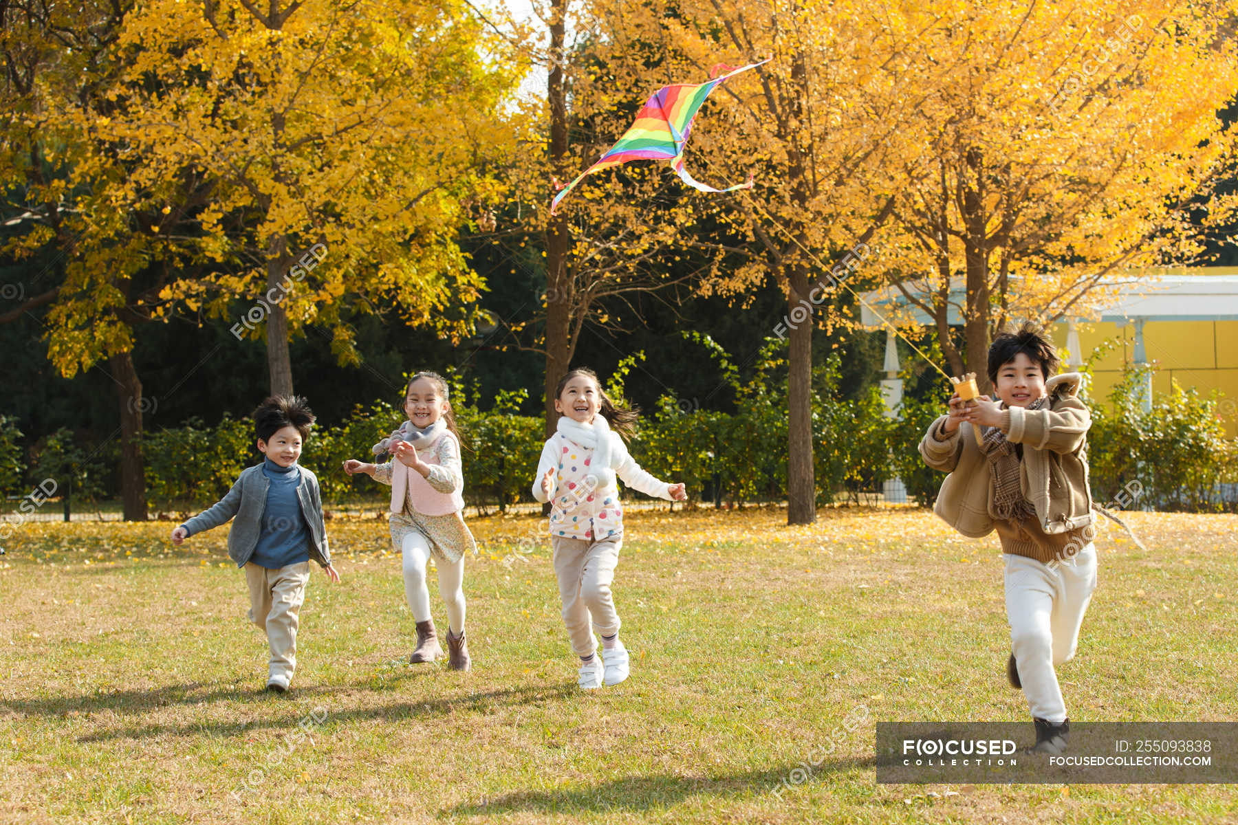 Happy boys and girls playing together with kite in park — asian, trees ...