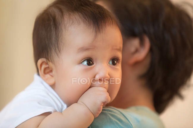 Обрезанный снимок родителя, несущего очаровательного азиатского младенца — стоковое фото