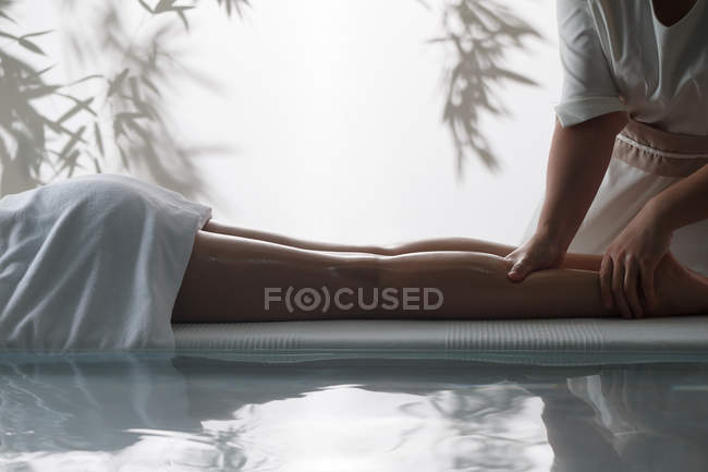 Tiro cortado de jovem mulher recebendo massagem no salão de spa — Fotografia de Stock