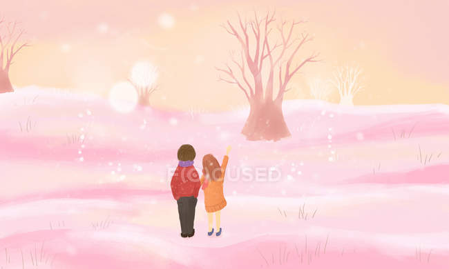 Beautiful illustration of romantic couple looking at majestic winter landscape — Stock Photo