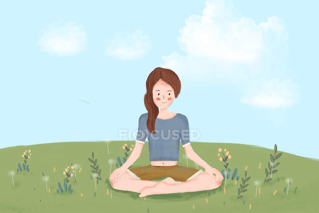 Bela ilustração de jovem mulher sentada na posição de lótus no prado verde — Fotografia de Stock