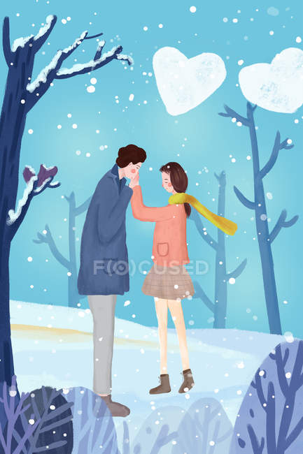 Красива ілюстрація молодої романтичної пари в зимовому лісі, хмари у формі серця на блакитному небі — стокове фото
