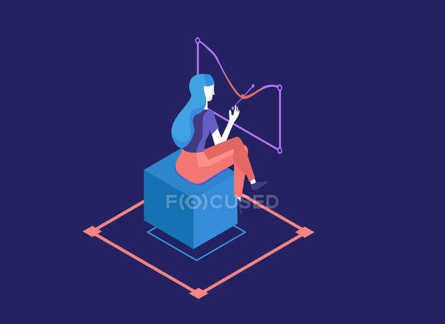 Красивая иллюстрация девушки, сидящей на голубом кубе на геометрическом фоне — стоковое фото