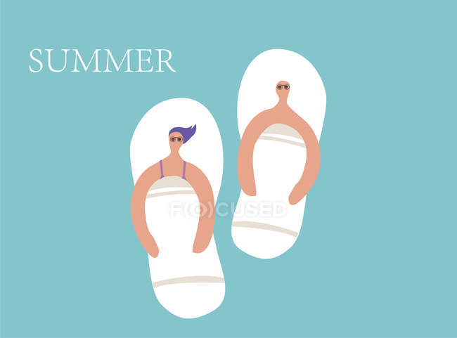Ilustración creativa con sandalias divertidas con personajes masculinos y femeninos aislados sobre fondo azul e inscripción de verano - foto de stock