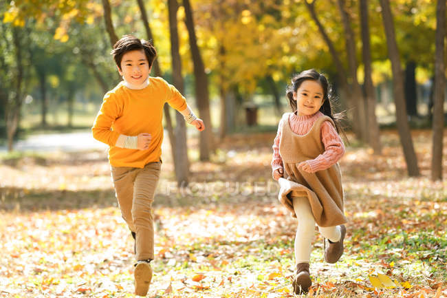 Adorables hermanos felices corriendo juntos en el bosque de otoño - foto de stock