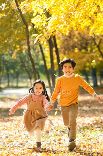 Очаровательные счастливые азиатские дети, улыбающиеся в камеру и бегающие вместе в осеннем лесу — стоковое фото