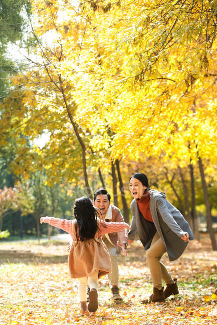 Щаслива азіатська дочка біжить до батьків в автономному парку — стокове фото