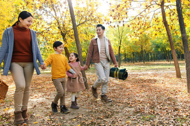 Família feliz com cesta de piquenique de mãos dadas e caminhando na floresta de outono — Fotografia de Stock