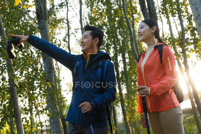 Низький кут зору щасливої молодої азіатської пари з палицями, що ходять, дивлячись в ліс — стокове фото