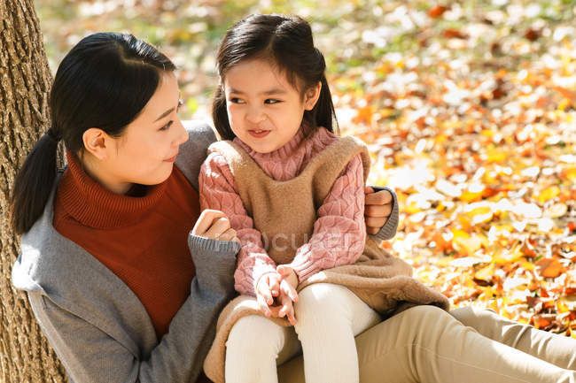 Alto angolo di vista felice asiatica madre e figlia seduti insieme nel parco autunnale — Foto stock
