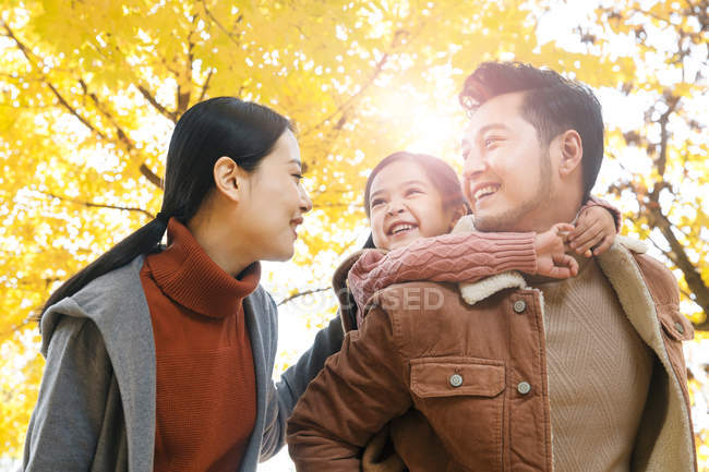 Tiefansicht des glücklichen asiatischen Vaters, der Tochter Huckepack im herbstlichen Park gibt — Stockfoto