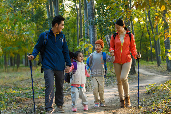 Familia joven y feliz con mochilas y bastones de trekking tomados de la mano y caminando juntos en el bosque de otoño - foto de stock