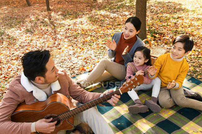 Vista ad alto angolo di padre sorridente che suona la chitarra e la famiglia felice seduta sul plaid a scacchi nel parco — Foto stock