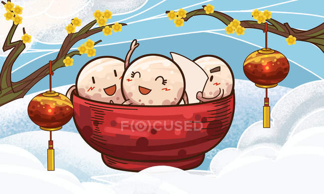 Creative lantern festival illustration with funny dumplings in red bowl — Stock Photo
