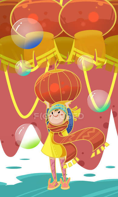 Creative illustration of child with red chinese lanterns and bubbles — Stock Photo