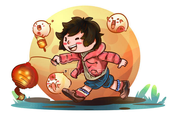 Bela ilustração criativa de menina feliz segurando lanterna iluminada e correndo ao ar livre, conceito de festival de lanterna — Fotografia de Stock