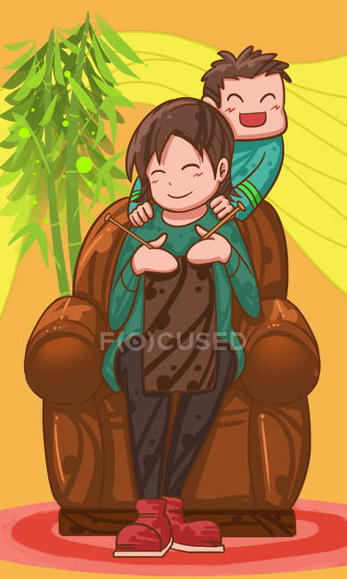 Bela ilustração criativa de criança feliz e tricô mãe em casa — Fotografia de Stock