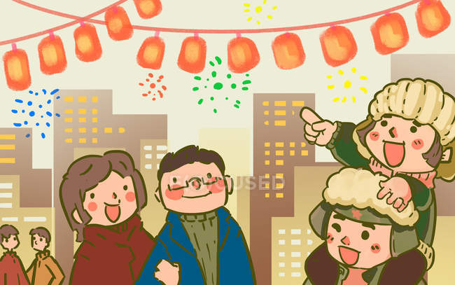 Glückliche Menschen, die beleuchtete Laternen und Feuerwerk in der Stadt betrachten, Laternenfest Illustration — Stockfoto