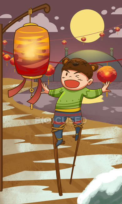 Creative illustration of happy child and illuminated red lanterns — Stock Photo