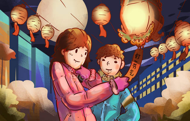 Creative illustration of couple with lanterns and chinese characters at night — Stock Photo