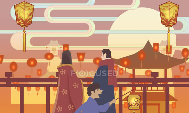 Ilustración creativa de las personas y faroles chinos tradicionales iluminados - foto de stock