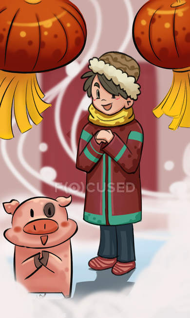 Beautiful creative illustration of boy with cute pig and lanterns, Celebrate the year of the pig concept — Stock Photo
