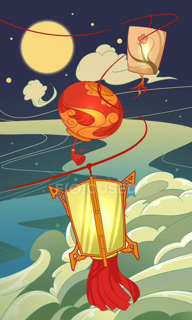 Beautiful creative illustration of illuminated lanterns in night sky, Lantern festival concept — Stock Photo