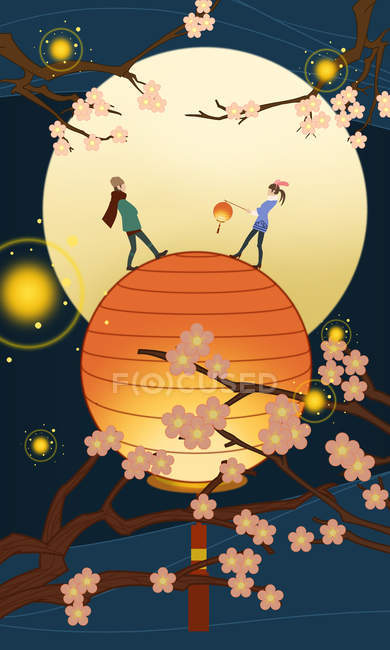 Belle illustration créative de couple sur lanterne illuminée et branches d'arbres en fleurs, concept de festival lanterne — Photo de stock