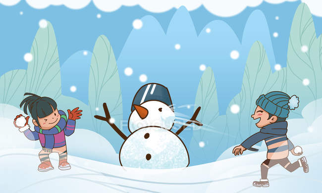 Creative snowball fight illustration with happy children — Stock Photo