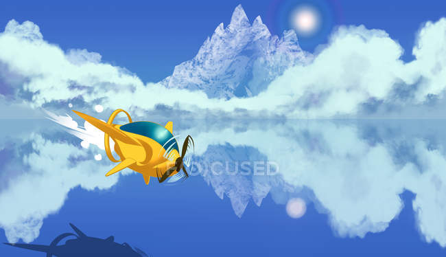 Creative illustration of propeller and beautiful snow-covered mountains reflected in calm water — Stock Photo