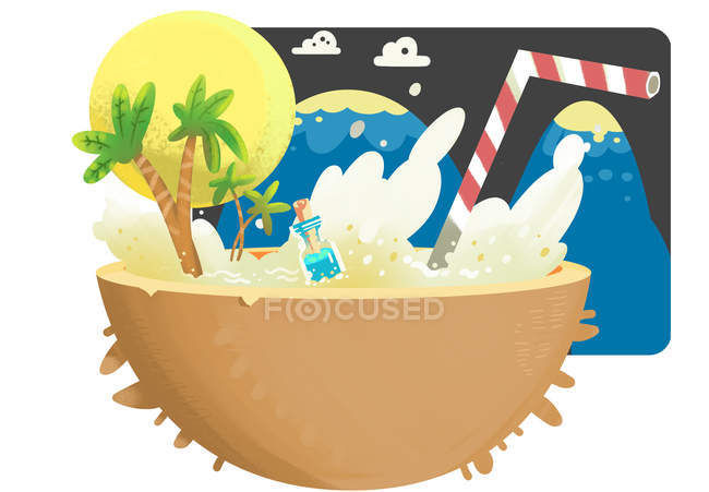 Красива креативна ілюстрація кокосової миски з літнім напоєм, питною соломою, пальмами та горами, концепція літнього відпочинку — стокове фото