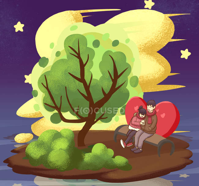 Valentines day illustration with loving couple sitting on bench under tree at night — Stock Photo