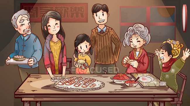 Новогодняя иллюстрация с счастливой семьей, готовящей пельмени — стоковое фото