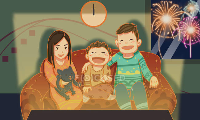 Schöne kreative Illustration der glücklichen Familie vor dem Fernseher in der Nacht, Neujahrskonzept — Stockfoto